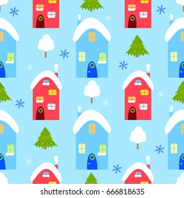 Winter house seamless vector pattern, snowman