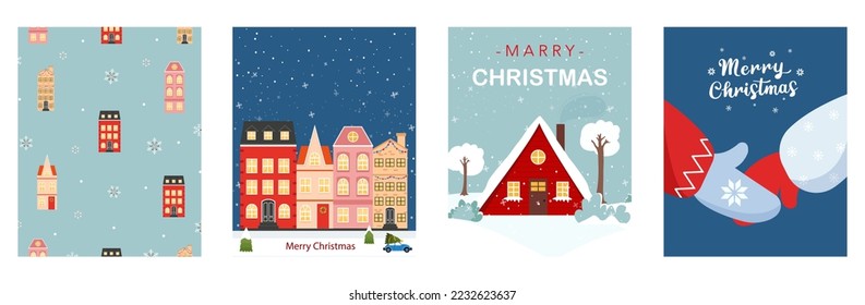 Winter house, set of Merry Christmas greeting cards in traditional colors, vertical banners, flyers, invitations. vector graphics