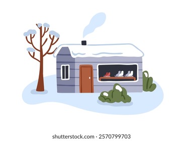 Winter house with snow covered roof and chimney. Cozy country cottage from outside in cold rural countryside. Small building outdoors. Flat vector illustration isolated on white background