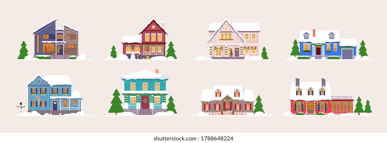 Winter House. Snow-covered Decorated Building Icon Set. Home Exterior Design Isolated On White Background. Vector Urban Quarter House With Roof And Christmas Tree Plant Under Winter Snow Illustration