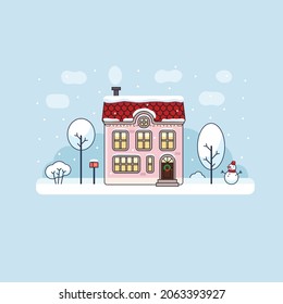 Winter house and snowman. Christmas city landscape. Festive mood. New Years Christmas card. Sticker, icon, banner.