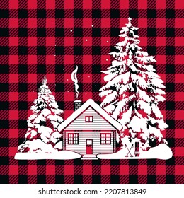 Winter house and snowy Christmas trees. White silhouette on Buffalo plaid background. Vector Christmas card.