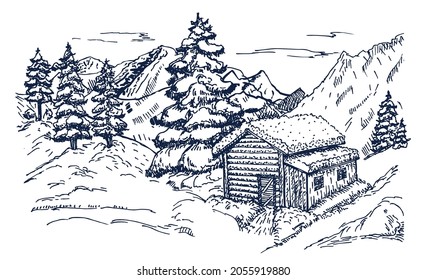 Winter. House In A Snowy Forest. Snow. Nature In The Mountains Sketch, Winter Landscape And Winter Hut Rest. Winter Landscape Graphic Black White Sketch Illustration Vector