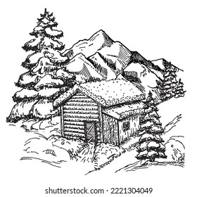 Winter. House in a snowy forest. Snow. Nature in the mountains sketch, winter landscape and winter hut rest. Winter landscape graphic black white sketch illustration vector