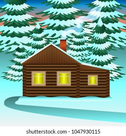 winter house in spruce forest. Vector Illustration