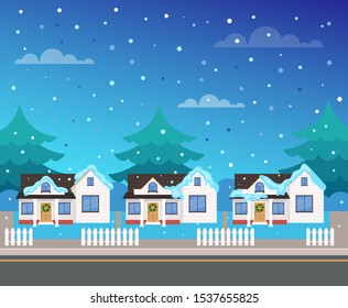 Winter house street. Merry Christmas and Happy New Year concept. Vector flat graphic design illustration