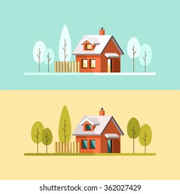 Winter House. Summer House. Family Suburban Home. Vector Flat Illustration.