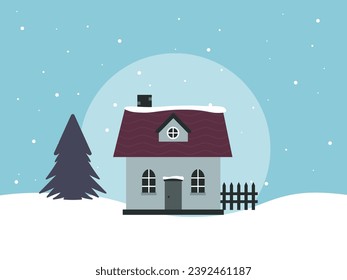 Winter House And Tree  Background Christmas Greeting Card Vector