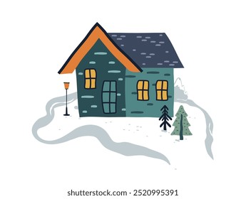 Casa de invierno, árbol, nieve. un edificio residencial que parece una historieta, dibujado a mano en un estilo de dibujos animados. Elementos aislados sobre un fondo blanco. para imprimir, niños, postal, tarjeta. Arte vectorial lindo