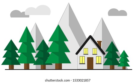 Winter house with trees and mountains on a white background.