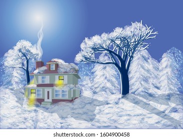 winter house under snow in blue forest