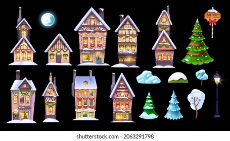 Winter house vector Christmas set, x-mas holiday decorated town buildings, pine tree, moon, snow. Holiday village constructor, European vintage cottage, street facade retro decor. Winter house clipart