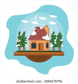 winter house vector, with a flat design style, and has a dominant color of blue, brown and green, can be used for making motion graphics or animation videos, or for Christmas greeting cards