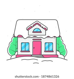 Winter House Vector Icon Illustration. House In Snowfall Flat Icon