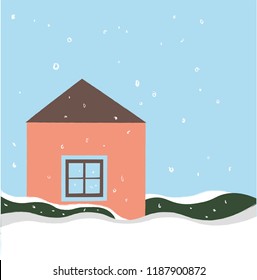 Winter house . Vector image of the orange brick christmas houses covered with snow. Winter background with cartoon houses. Winter time.