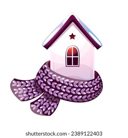 A winter house wrapped in a warm scarf.Winter house.Christmas house in the snow outside.An element for Christmas and New Year holidays.Saving heat in the house.Vector illustration.