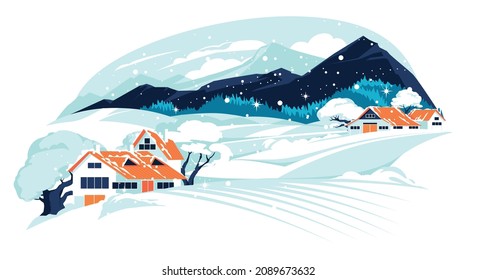 Casas de invierno entre campos de nieve. Escena vacía con montañas, árboles de congresos y nubes en el fondo. Ilustración vectorial plana