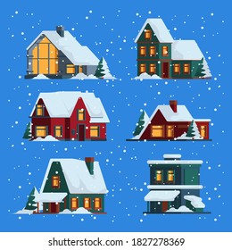 Winter houses. Christmas cute wooden buildings cottage with snow cap vector colored flat illustrations