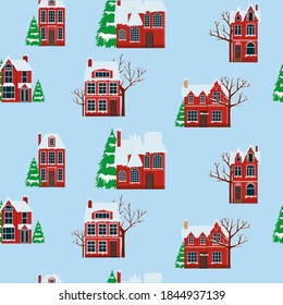 Winter houses for Christmas fabrics and decor. Merry Christmas and Happy New Year landscape. Cute houses background. Engraved style illustration. Vector illustration