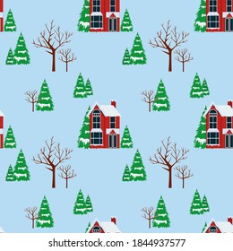 Winter houses for Christmas fabrics and decor. Merry Christmas and Happy New Year landscape. Cute houses background. Engraved style illustration. Vector illustration