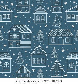 Winter houses for Christmas fabrics and decor. Seamless pattern.