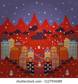 Winter houses for Christmas and Christmas fabrics packaging paper and decor on red, violet, orange and white colors. Vector illustration.