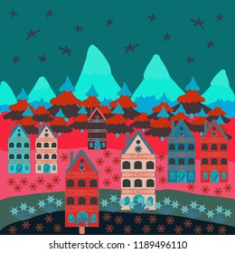 Winter houses for Christmas and Christmas fabrics packaging paper and decor on blue, red and pink colors. Vector illustration.