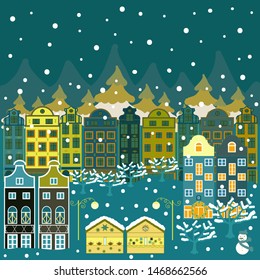 Winter houses for Christmas and Christmas fabrics packaging paper and decor on blue, yellow and green colors. Vector illustration.