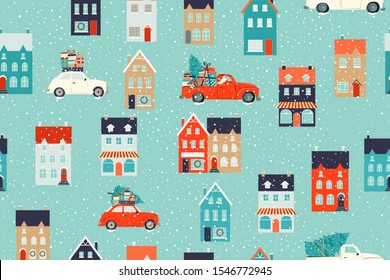 Winter houses for Christmas and Red retro car with a fir tree and gifts. Christmas fabrics and decor. Seamless pattern. 