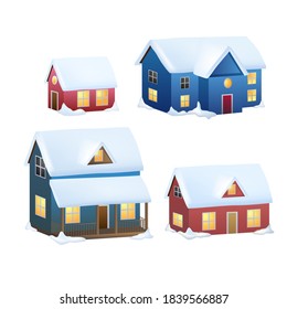 Winter houses collection. Cartoon snow home and rural cottages set. Including alpian chalet, mountain lodge, half-timbered house and other snowy buildings in flat design