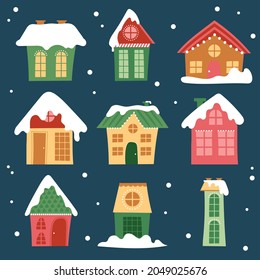 Winter houses collection. Cartoon snow home and rural cottages set. Snowy buildings in flat design.