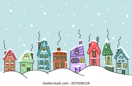 Winter houses collection. Christmas town. Houses in snow. Doodle homes with smoking chimneys. Set of hand drawing buildings.