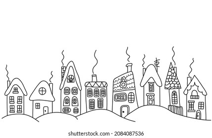 Winter houses collection. Christmas town. Houses in snow. Doodle homes with smoking chimneys. Set of hand drawing buildings