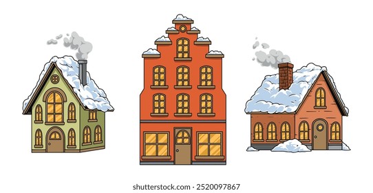 Winter houses colorful set stickers with snow on roof of city and village buildings for Christmas banner design vector illustration