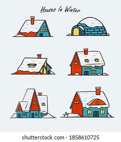 Winter Houses Covered with Snow Illustration Set