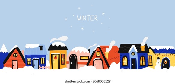 Winter houses. Cute homes in snow, forest cozy cottages and townhomes with snowy roofs, christmas banner, xmas city. Vector cartoon flat style isolated horizontal poster