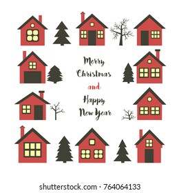 winter houses, elements for Christmas postcard