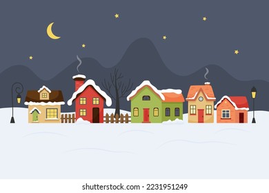 Winter houses. Flat set of houses in the snow, a winter landscape, a winter village, the moon is in the sky, a starry sky, lights are on in the windows, street lights are on, christmas mood
