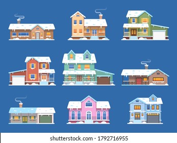 Winter houses. Homes in snow, cottages and townhomes with garage and terrace, front view snowy buildings, christmas hotel resort, real estate flat vector isolated set on blue background