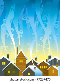 Winter houses with lighted windows and smoky sky