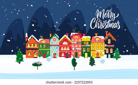 Winter Houses Night Banner. Vector Illustration of Seasonal Greetings. Holiday Celebration.