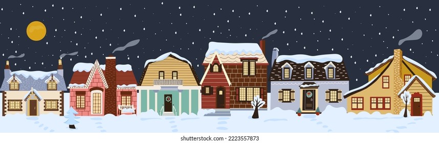 Winter houses on the snowy street at the night. Wonderland background for card