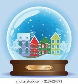 Winter houses on the street in snow. Colourful houses in the glass sphere. Christmas holidays, vector illustration 