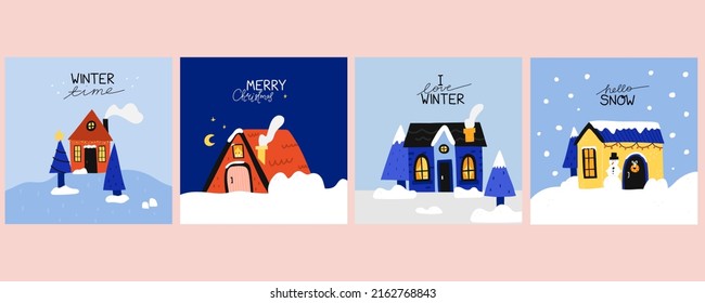 Winter houses postcard set. Cute homes in snow cards, forest cozy cottages with snowy roofs, christmas congratulation, xmas lettering text collection bright colors, vector cartoon flat isolated set