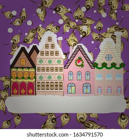 Winter houses, road, tree. Winter in the city, christmas decor fir-trees. Winter nature landscape. Vector. Cityscape. Greeting card, poster design. New year holidays. Cute town Christmas eve. Vector.