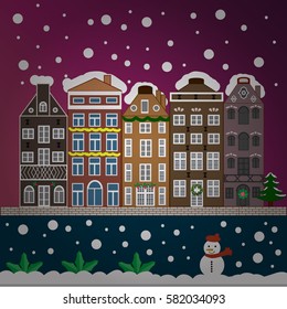 Winter houses, road, tree. Greeting card, poster design. Vector. Cityscape. Winter nature landscape. Cute town Christmas eve. Winter in the city, christmas decor fir-trees. New year holidays.