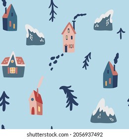 Winter houses seamless pattern. Christmas trees mountains and houses. Winter landscape in Scandinavian style. Holiday decoration background for wallpaper, clothing, packaging invitations, posters.