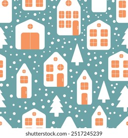 Winter houses seamless pattern. Minimalist buildings with Christmas trees. Scandinavian village background. 