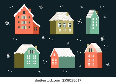 Casas de invierno con techos cubiertos de nieve. Acogedoras casas nevadas. Concepto de Navidad. Ilustración vectorial