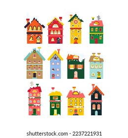 Winter Houses Set. Vector Illustration of Seasonal Greetings. Holiday Celebration.